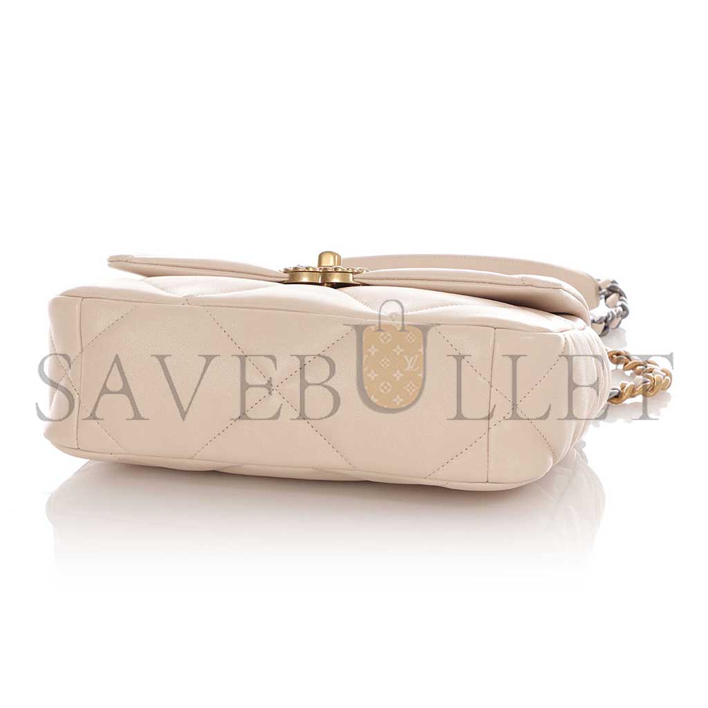 Ch*el ecru quilted lambskin Ch*el 19 flap bag mixed hardware as1160 (26*16*9cm)